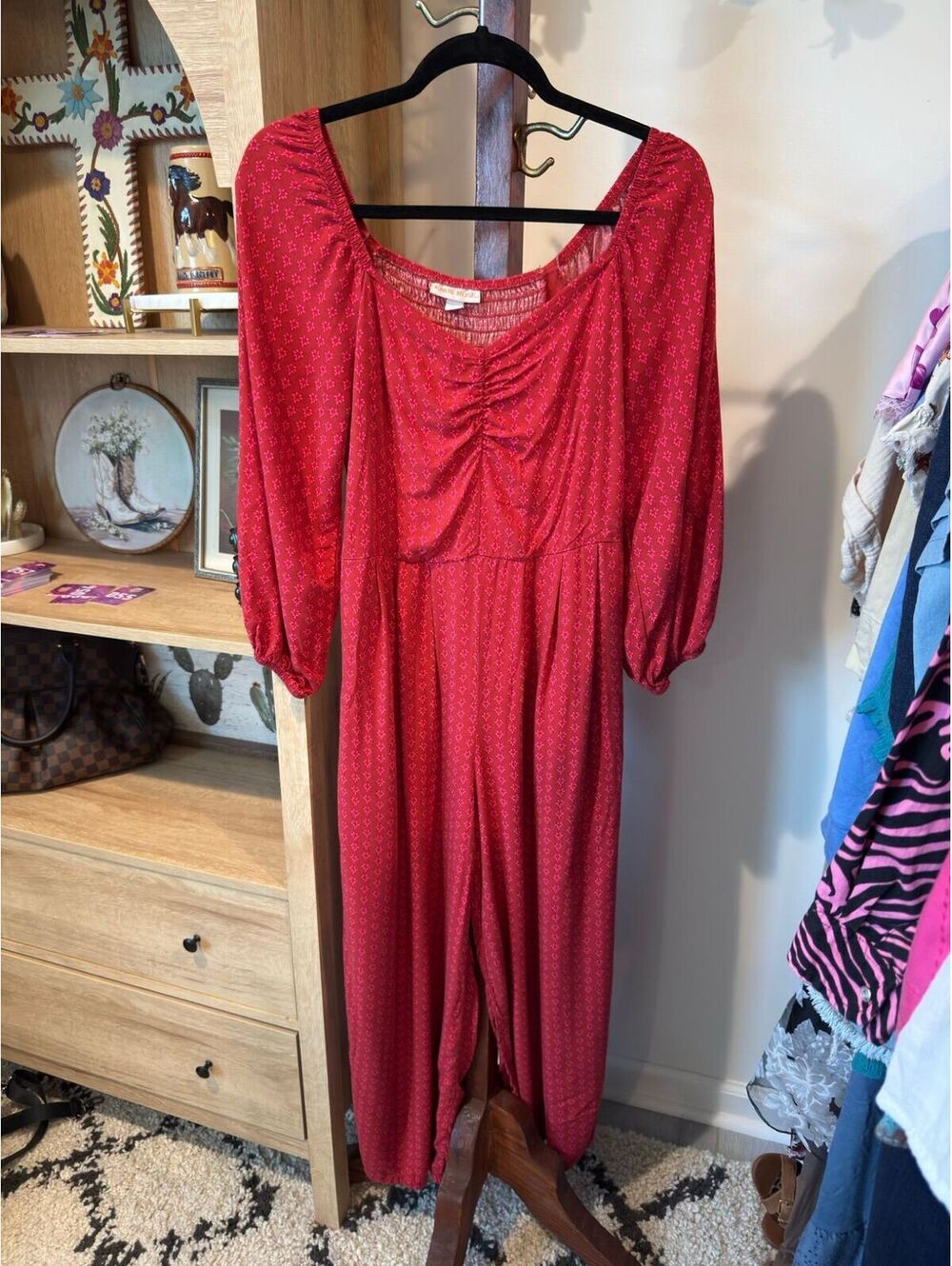 Knox Rose Red Patterned Long Sleeve Jumpsuit Size Small
